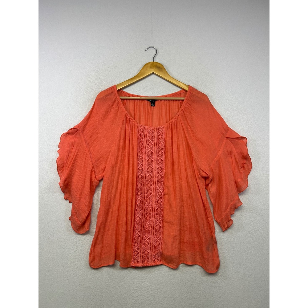 Boho Peasant Zac & Rachel Woman 1X Coral Orange Crochet Ruffle Sleeve Blouse